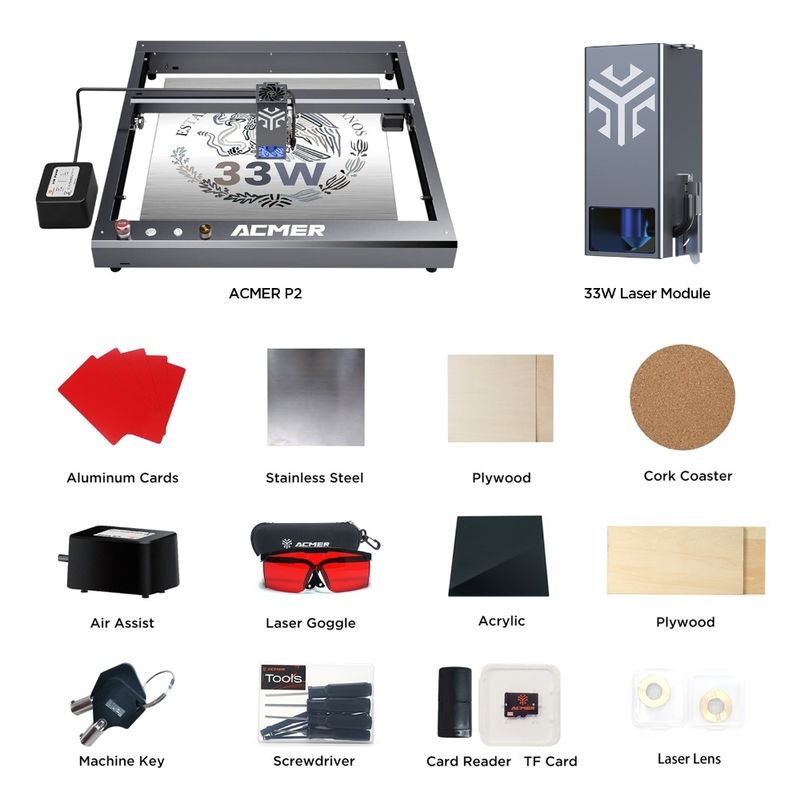 ACMER P2 33W Laser Engraver Cutting Machine, Wood Desktop Laser Engraver And Cutter Alta velocità 30000mm/min